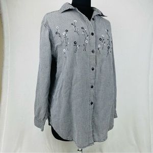 Casey And Max Women's Large Plaid Embroidered Floral Button Up Top Long Sleeve